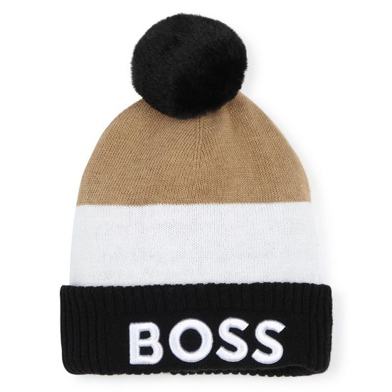 BOSS KIDSWEAR Bommelmütze BOSS Baby warme Mütze braun weiß schwarz mit Logo und Bommel Logo mehr BOSS KIDSWEAR Bommelmütze BOSS Baby warme Mütze braun weiß schwarz mit Logo und Bommel Logo mehr