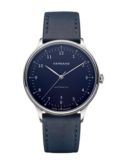 VANDAAG Automatikuhr Primus Automatik Stahl-Blau Made in Germany, Saphirglas, 5 Bar wasserdicht, deutsches Leder mehr Tiefpreis