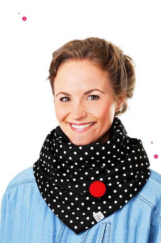 WISHPROJECT® Modetuch Damen Tuch, Schwarz mit Weißen großen Punkten, XXL Schal, Loopschal, Rundschal, Kapuzenschal, Schlauchschal, Bolero, Stola Vielseitig tragbar Variierbar mittels Knopf und Schlaufe, Hergestellt in Deutsch Speichern exportieren