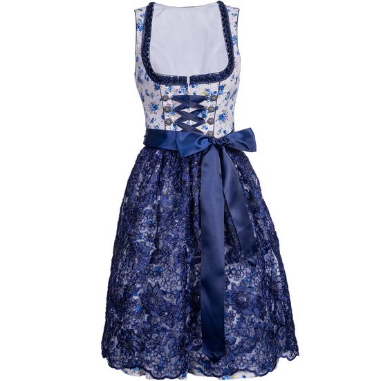 KELLIAR Dirndl Midi Trachtenkleid, ideal für Oktoberfest, Rocklänge 60 cm, Blau Florales Muster, Dekorative Schnürung mehr VIP-Rabatte