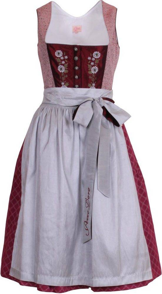 PEZZO D'ORO Dirndl Mididirndl dunkelrot/silbergrau bestickt,Länge 70cm (2-teilig Kleid mit Schürze) Knopfleiste mit verdecktem Zipper mehr Letzte 2 Tage