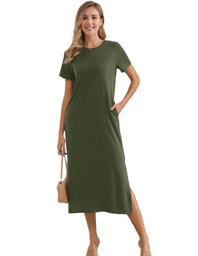 LUCKZON Sommerkleid Damen Maxikleid, geteilt, lässig, T-Shirt-Kleid mit Taschen Rundhalsausschnitt, kurze Ärmel, Sommerkleider mehr 50% Rabatt mit kostenlosem Versand