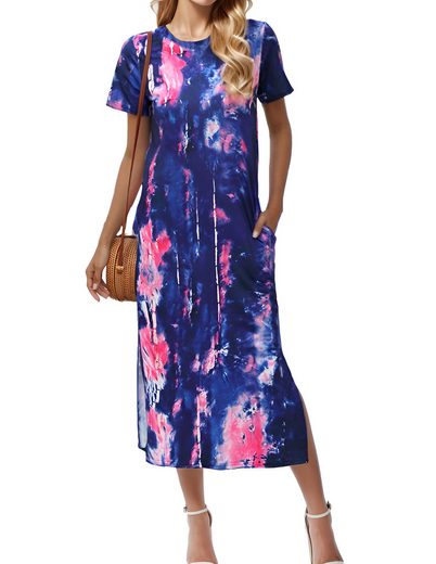 LUCKZON Sommerkleid Damen Maxikleid, geteilt, lässig, T-Shirt-Kleid mit Taschen Rundhalsausschnitt, kurze Ärmel, Sommerkleider mehr Kostenloser Versand international