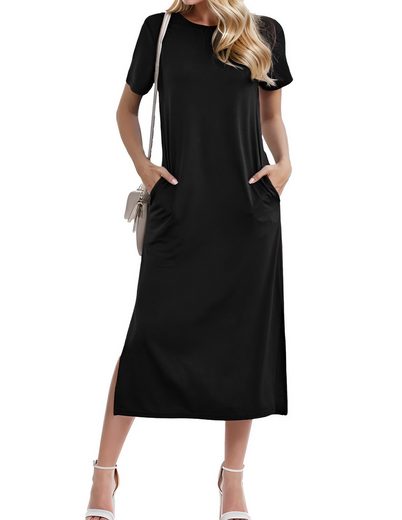LUCKZON Sommerkleid Damen Maxikleid, geteilt, lässig, T-Shirt-Kleid mit Taschen Rundhalsausschnitt, kurze Ärmel, Sommerkleider mehr Kostenloser Versand international