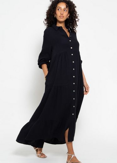 SASSYCLASSY Maxikleid Musselin Maxi Kleid mit Volants Baumwollleid mit Kragen, Knopfleiste und einem Gummizug am Ärmel mehr Outlet