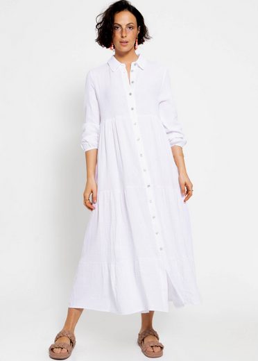 SASSYCLASSY Maxikleid Musselin Maxi Kleid mit Volants Baumwollleid mit Kragen, Knopfleiste und einem Gummizug am Ärmel mehr Outlet