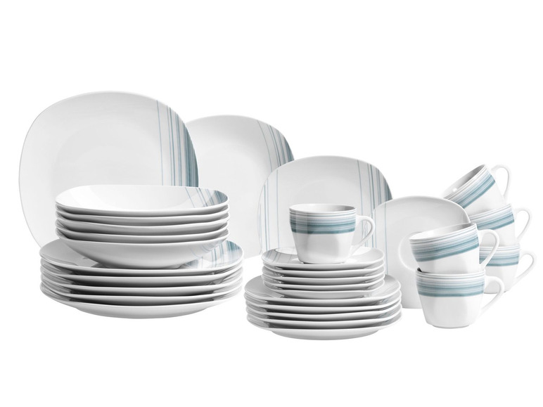MÄSER Serie Enni, Kombiservice 30 teilig, weißes Geschirr-Set mit blauem Muster, Teller, Kaffeetasse, Dessertteller für 6 Personen Speichern exportieren