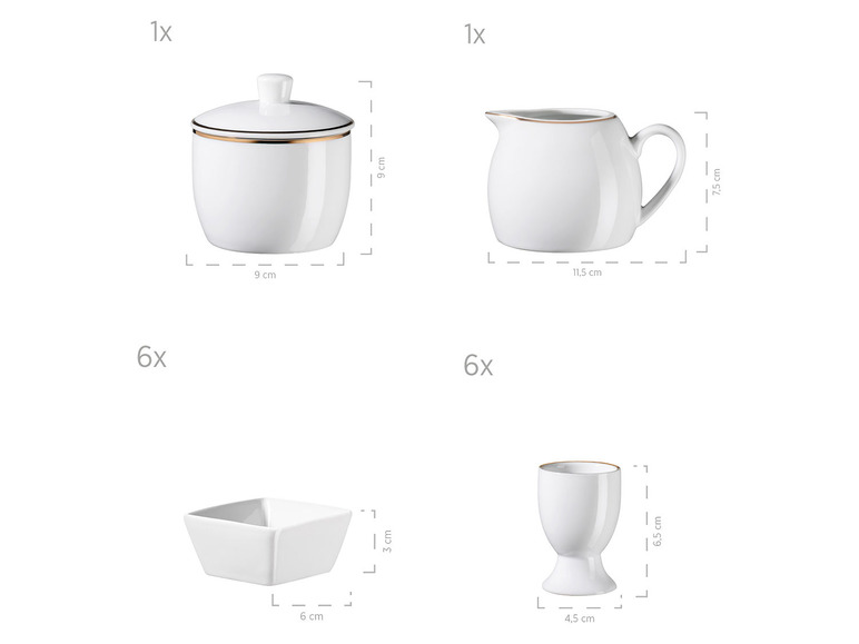 MÄSER Serie Professional Dining, Zubehör Set aus Müslischalen, Eierbechern, Schüsseln, Zuckerdose, Milchkännchen, Dipschälchen und Servierplatten, 24-teilig, Weiß mit Goldrand Vatertagsangebot