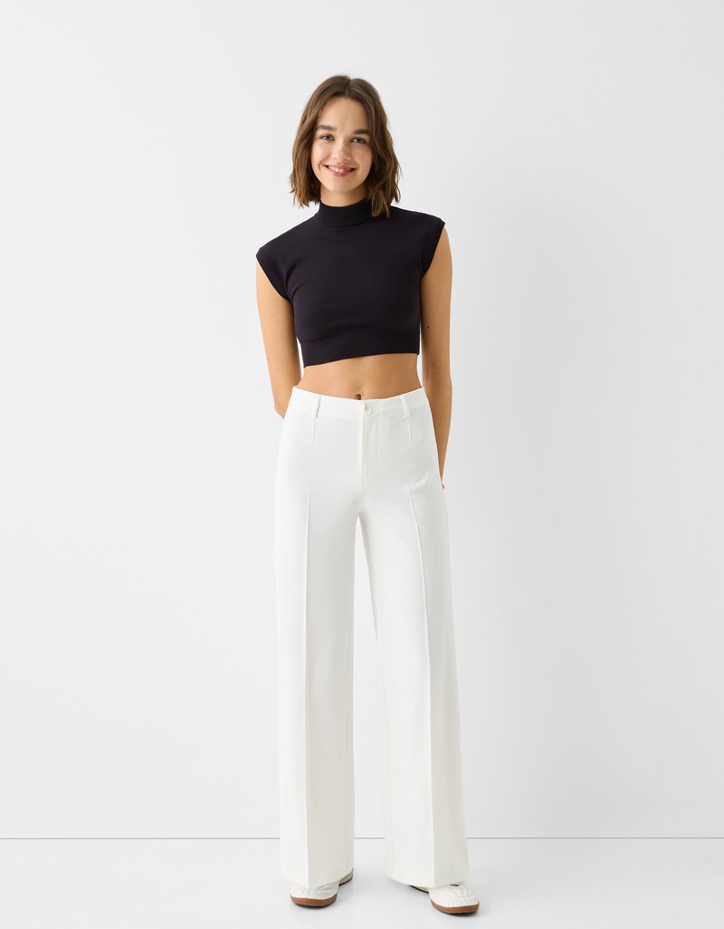 Bershka Bershka WIDE TAILORED - Trousers - white Fabrikverkauf