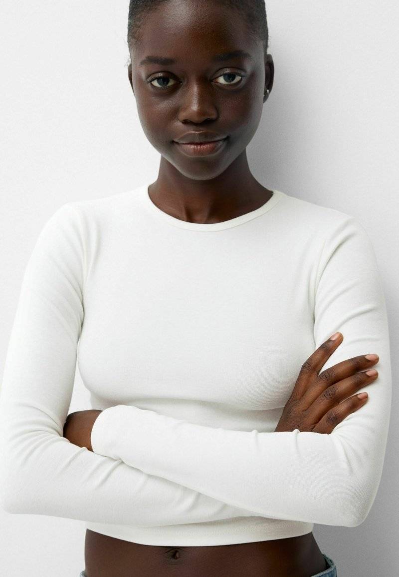 Bershka Bershka LONG SLEEVE - Long sleeved top - white Limitierter Zeitrabatt