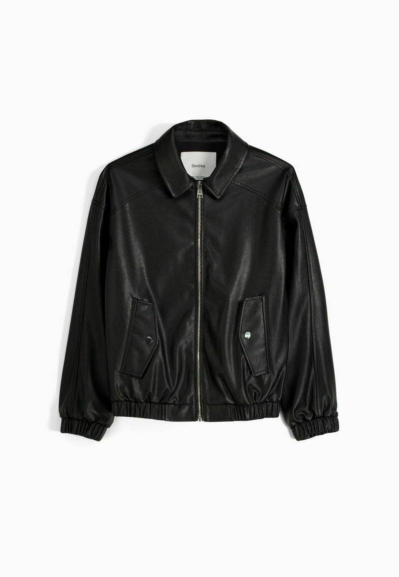 Bershka Bershka DAD FIT - Faux leather jacket - black Begrenztes Angebot