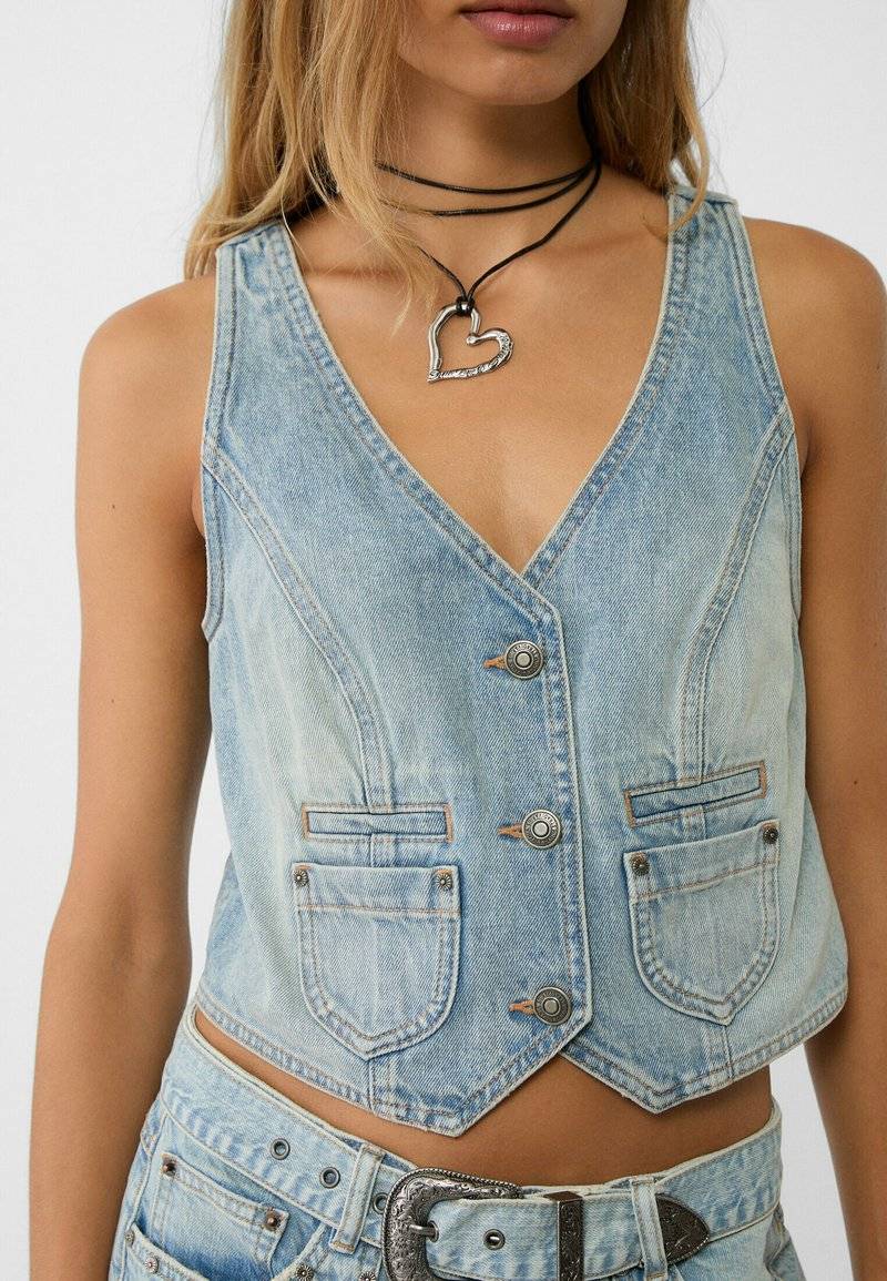 Stradivarius Stradivarius STUDDED - Waistcoat - laser denim Günstiger Verkauf